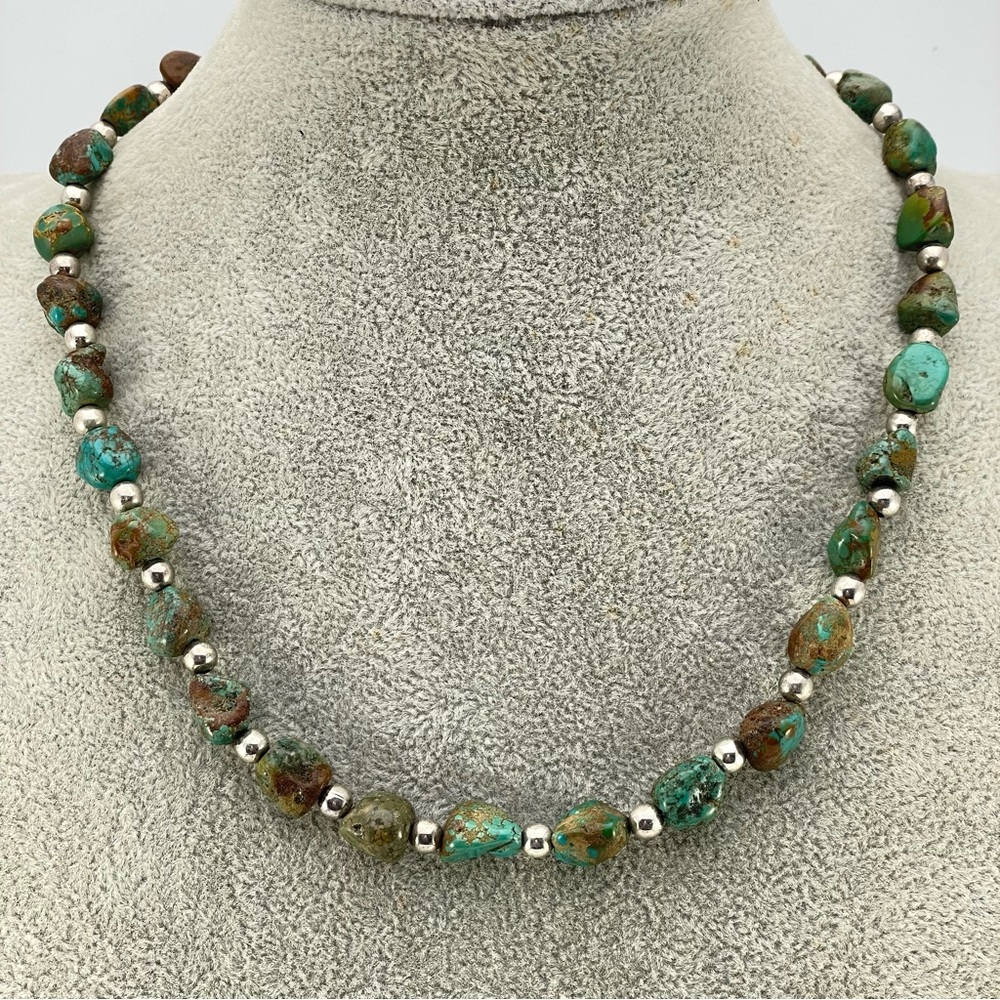 Handcrafted Natural Turquoise Nugget and Sterling Silver Bead Necklace